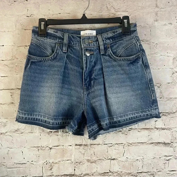 FRAME Women's 25 Release Hem Front Pleat Jean Denim Shorts Double Button Raw Hem - Picture 2 of 9